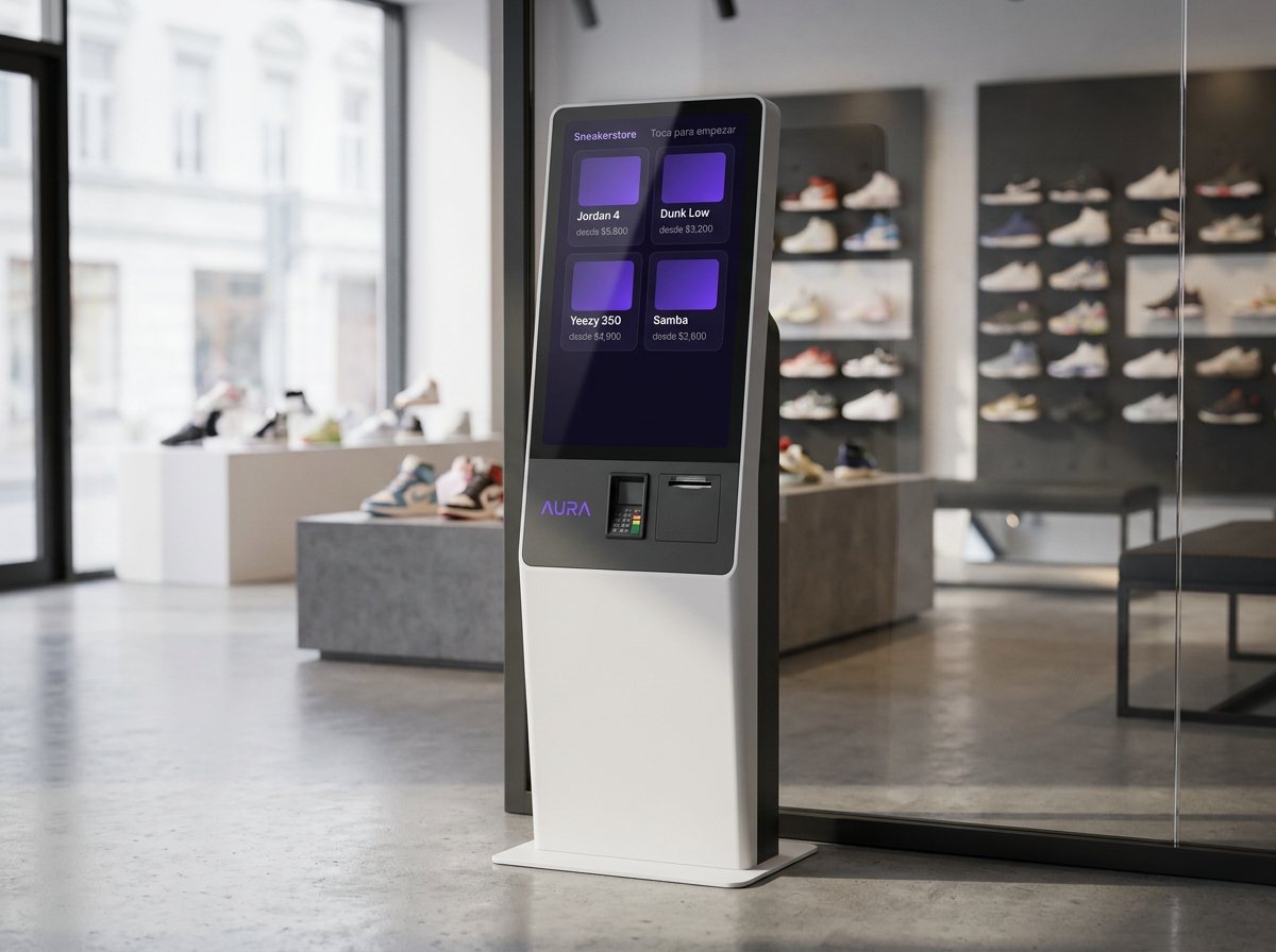 Kiosco de autoservicio a la entrada de una tienda de tenis
