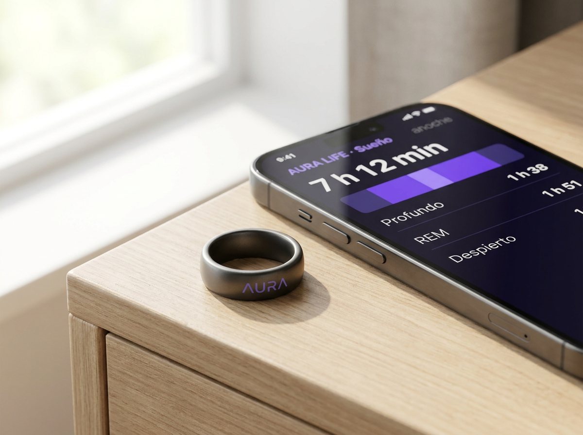 Teléfono con la aplicación Aura Life junto a un anillo inteligente